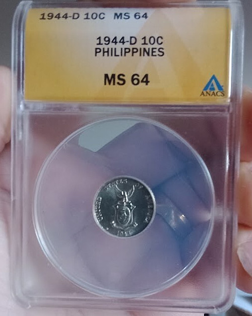 Read more about the article 1944-D  U.S. Philippines  Silver 10 Centavos ANACS MS64