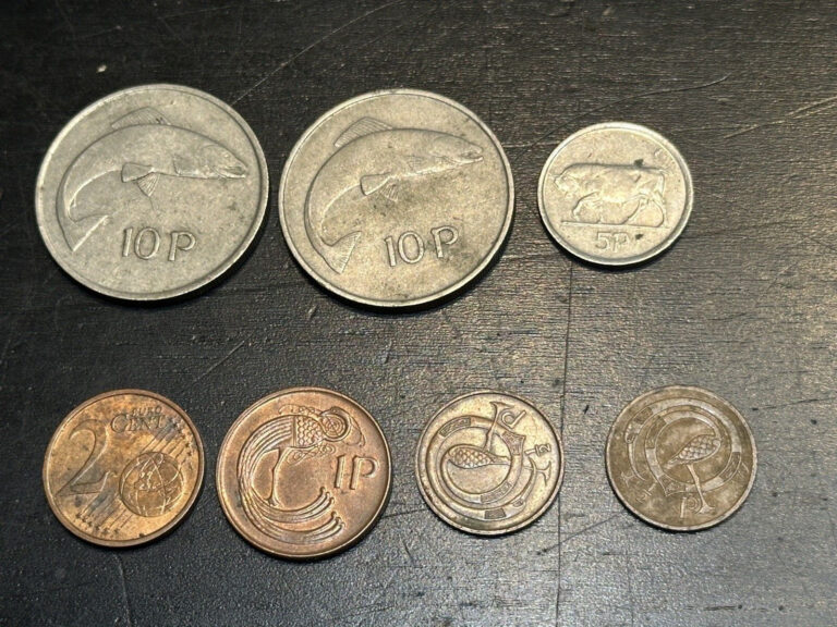 Read more about the article Ireland Erie  Lot of 7 coins-  -10p (2)  5p (1)  2c (1)  1p (1)  1/2p (2)