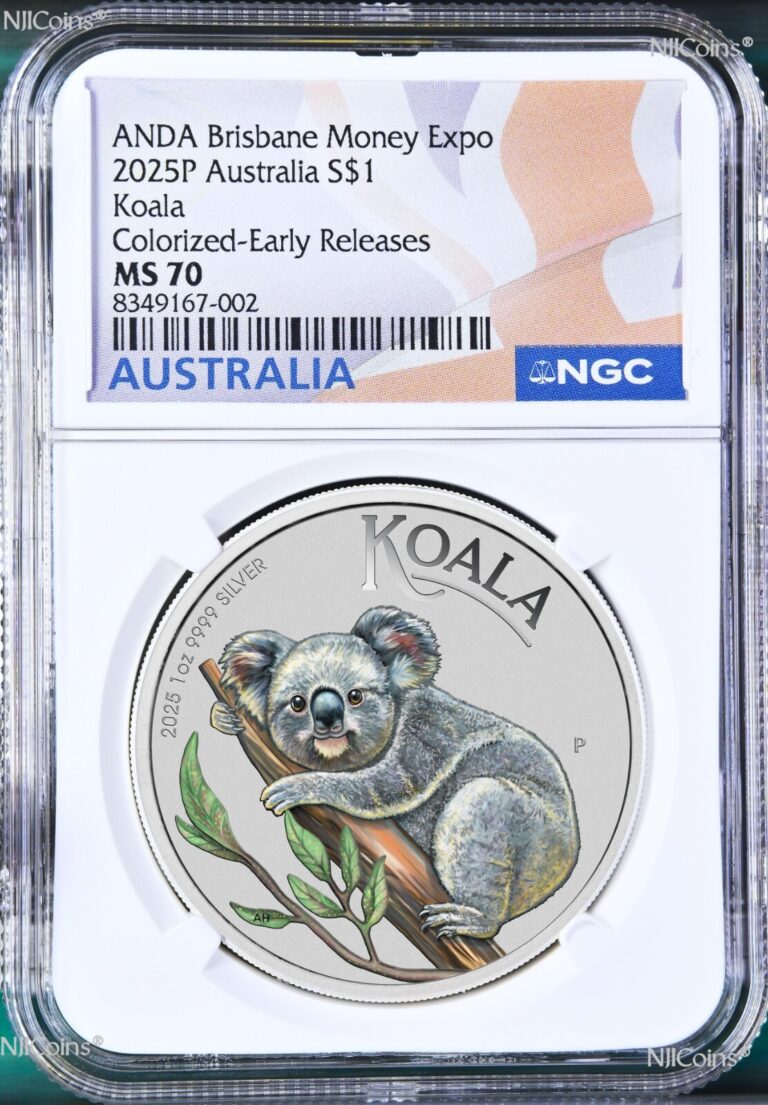 Read more about the article 2025 ANDA Brisbane Money Show Colored Koala 1oz Silver Coin NGC MS70 ER Flag LB
