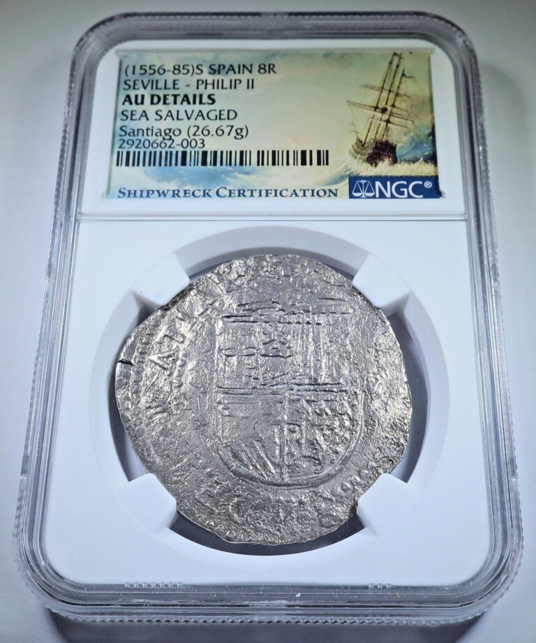 Read more about the article NGC AU Santiago Shipwreck 1556-98 Spanish 8 Reales 1500’s Philip II 8R Cob Coin