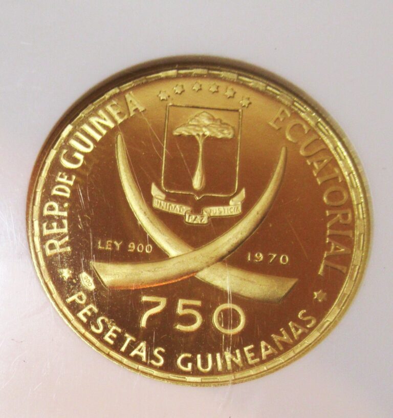 Read more about the article Equatorial Guinea 1970 Gold 750 Pesetas KM-28 Minerva NGC Proof-68 ULtra Cameo