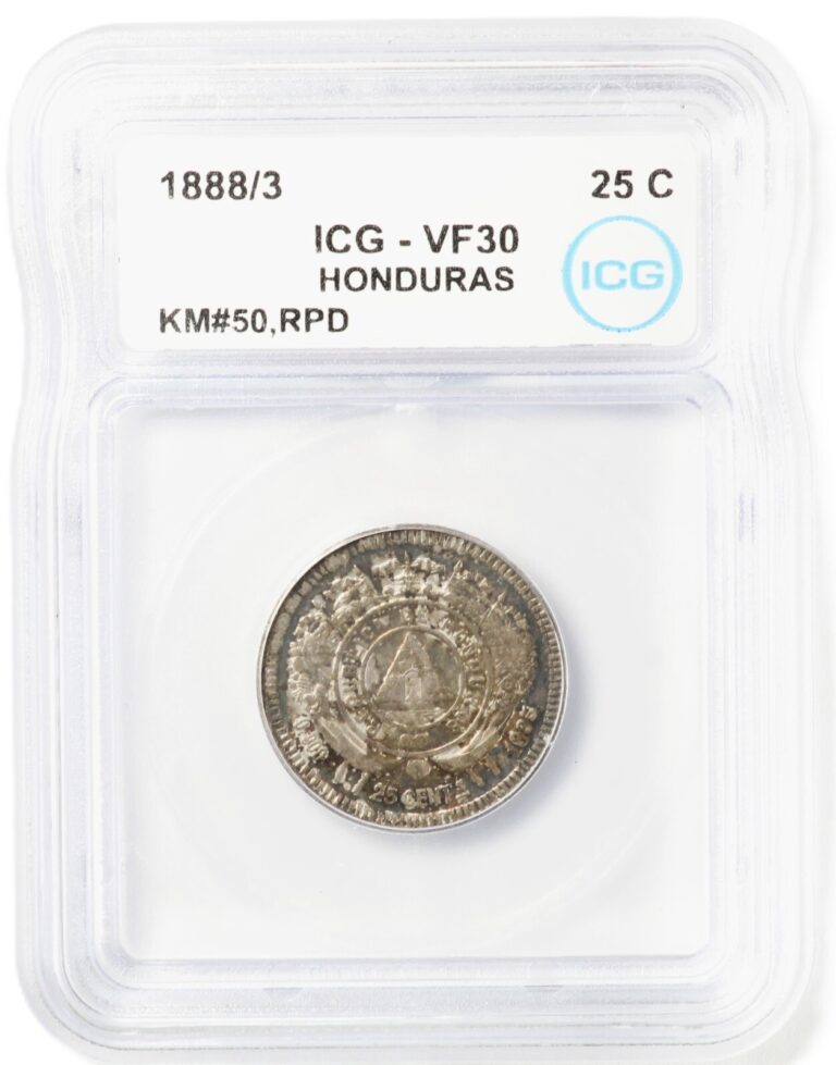 Read more about the article ICG VF30 1888/3 Honduras 25 Centavos Silver Coin TONED Km#50