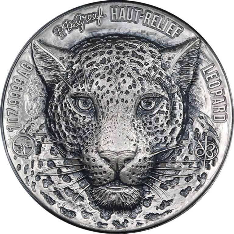 Read more about the article 2023 Ivory Coast 1 Oz Silver 1000fr. Africa Big 5 LEOPARD High Relief OGP STOCK
