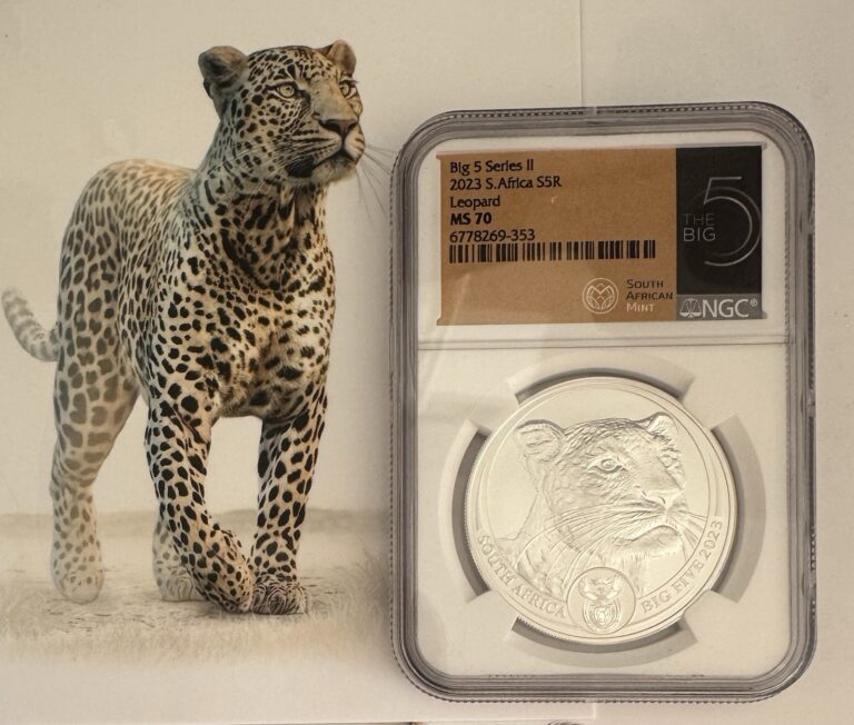 Read more about the article 🇺🇸South Africa R5 2023 Silver 1oz Coin Big5 Leopard NGC MS70