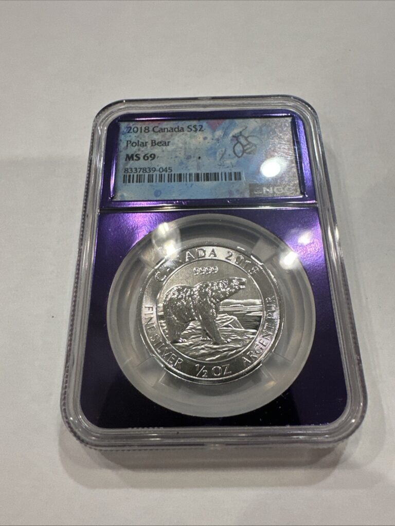 Read more about the article Canadian 2018 $2 NGC MS 69  1/2 .999 Silver Ounce Polar Bear Coin Purple Core