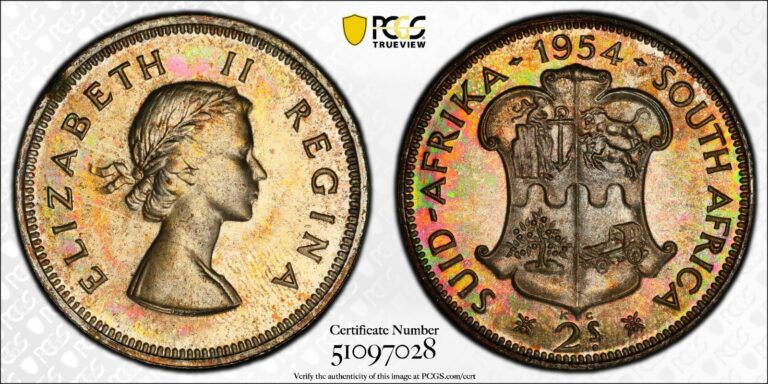 Read more about the article Toned Proof Silver 1954 South Africa 2 Shillings | PCGS PR67