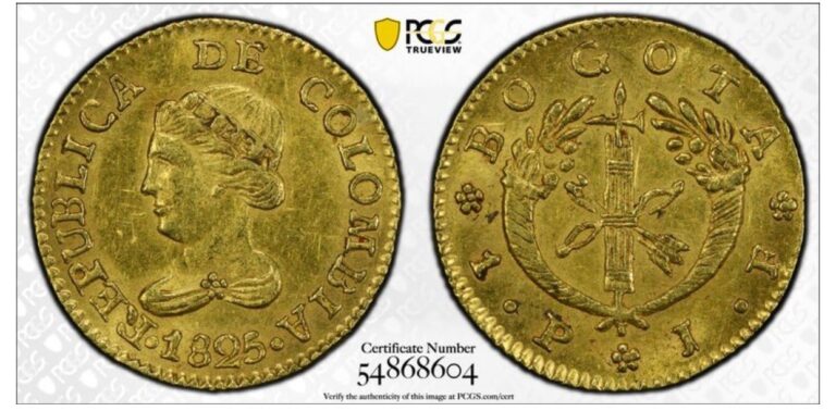 Read more about the article Colombia Republic gold Peso 1825-JF AU58 PCGS  Bogota mint  KM84  Restrepo-160.1