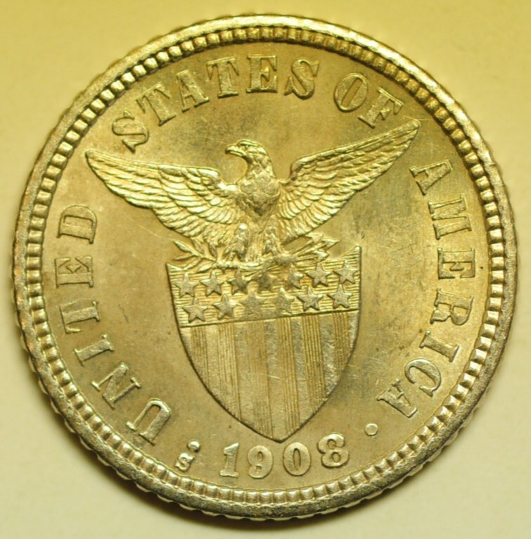 Read more about the article mw28011 Philippines  Silver 10 Centavos 1908-S   KM#169   UNC