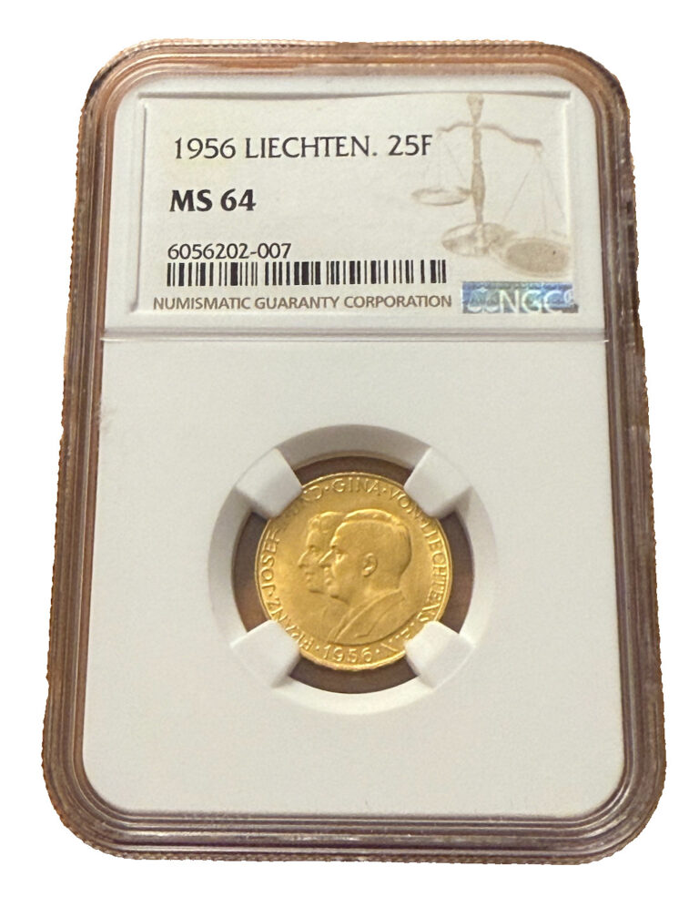 Read more about the article Liechtenstein 1956 Gold 25 Franken NGC MS64