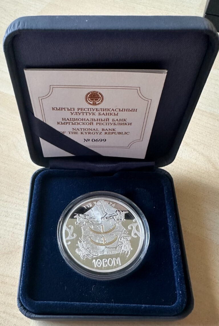 Read more about the article KYRGYZSTAN 2013 PROOF 10 SOM 0.925 SILVER Coin  “Great Kaganate”. Rare. BoxandCoA