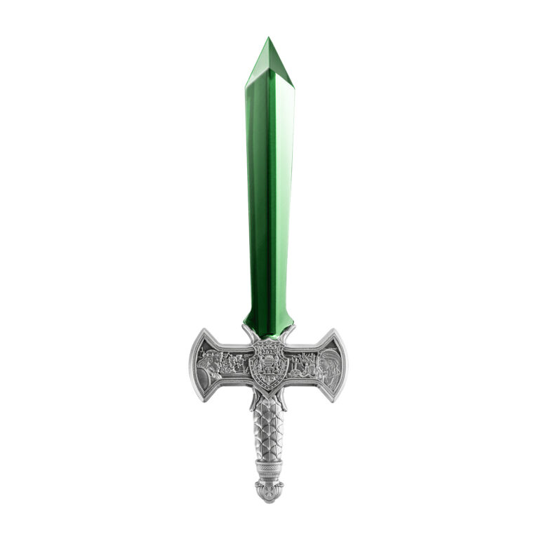 Read more about the article 2025 Chad Excalibur with Green Crystal Blade 1 oz Silver Coin Antiqued