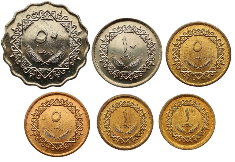 Read more about the article LIBYA SET OF 6 COINS 1 – 50 DIRHAMS 1975 – 1979 HORSE RIDER EAGLE UNC