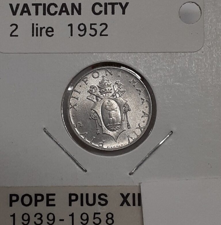 Read more about the article 1952 Vatican City 2 Lire Aluminum Coin Pope Pius XII   UNC