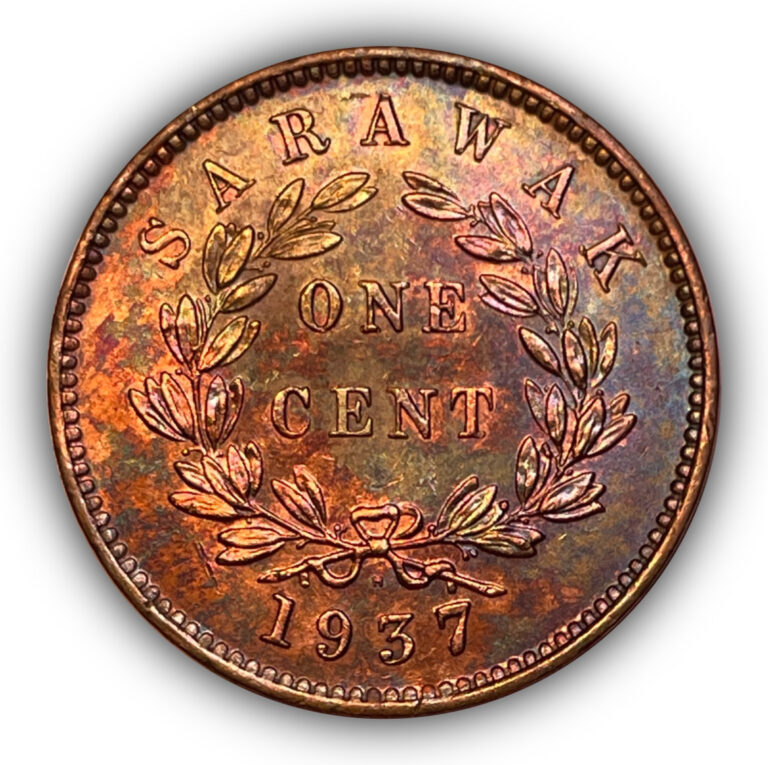 Read more about the article 1937-H Sarawak One Cent Rainbow Toning Almost Uncirculated AU Coin #21926