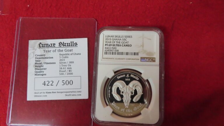 Read more about the article 2015 GHANA Lunar Skulls YEAR OF THE GOAT .999 1oz Silver NGC PF PR 69 w.COA #422