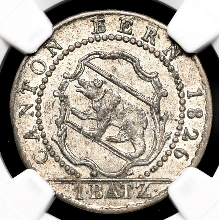 Read more about the article SWISS CANTONS  Bern. Silver Batzen  1826  Bear  NGC AU58