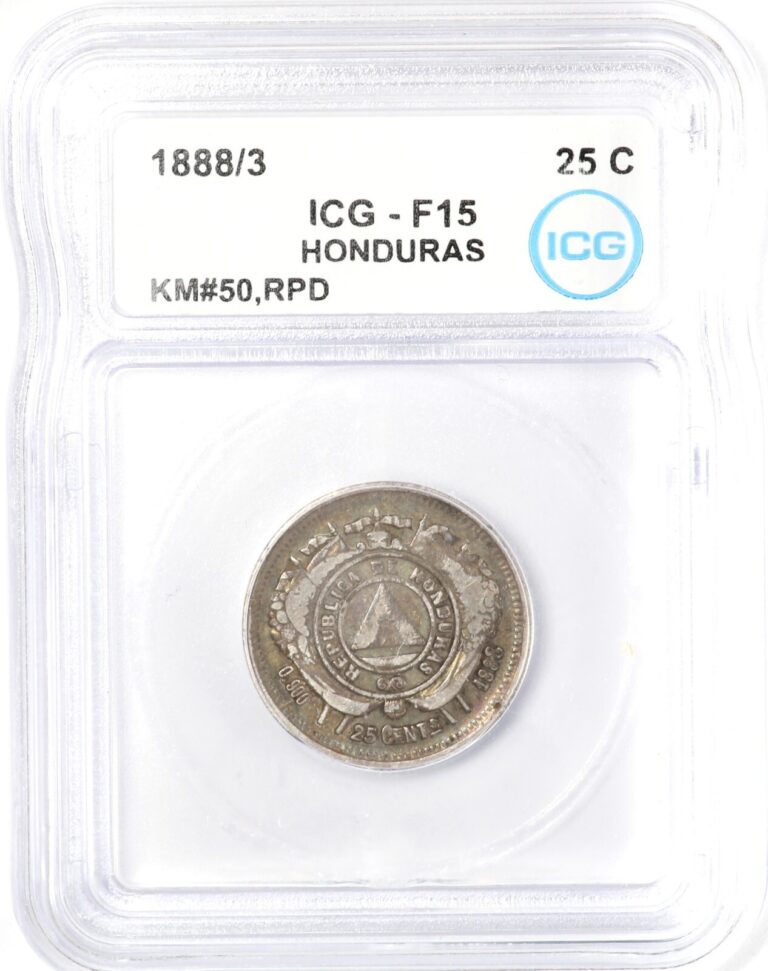Read more about the article ICG F15 1888/3 Honduras 25 Centavos Silver Coin TONED Km#50