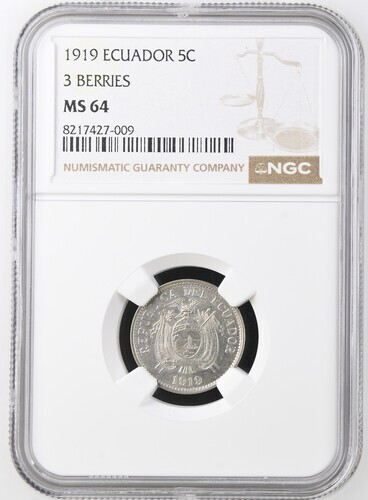 Read more about the article ECUADOR  5 CENTAVOS  1919  KM # 63  ( 3 BERRIES )   NGC MS 64.