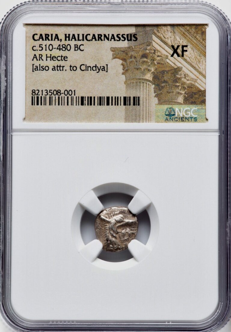 Read more about the article PQ Ancient Greek Silver Coin 510-480 BC CARIA Halicarnassus Ketos Hecte NGC XF
