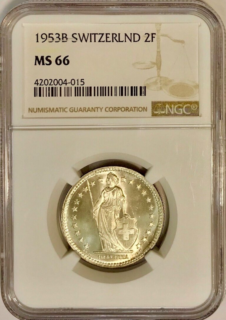 Read more about the article Gorgeous Swiss Coin 1953-B Switzerland Confederation Silver 2 Francs NGC MS66