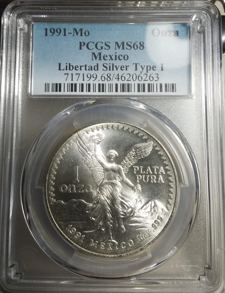Read more about the article :1991-Mo 1-ONCE MEXICO LIBERTAD WINGED VICTORY PCGS MS-68 RARE R4 HIGHEST GRADES
