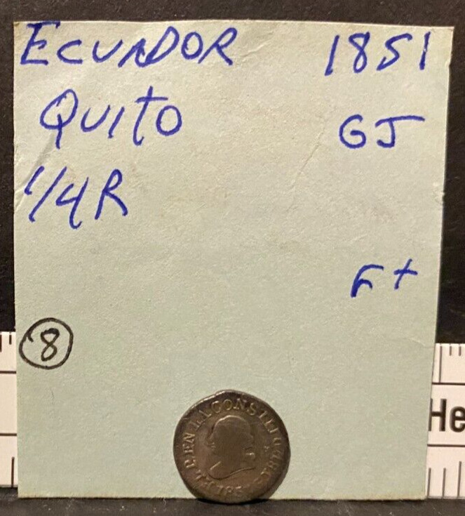 Read more about the article ECUADOR / QUITO  1851  1/4 REAL  G. J.  Silver Coin  Circulated