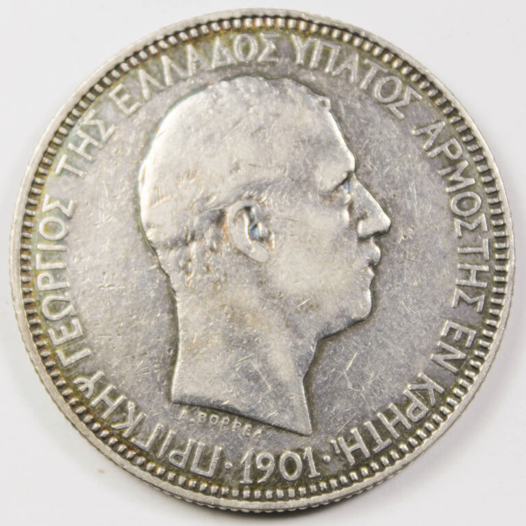 Read more about the article Greece 1901 A Crete 5 Drachmai 900 Silver Coin Fine+/VF KM# 9 Crown Size