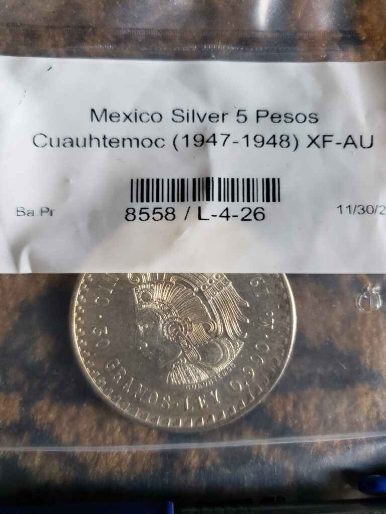 Read more about the article 1947-1948 Mexico Silver Cinco 5 Pesos – Cuauhtemoc – .90 Silver Large Coin XF-AU