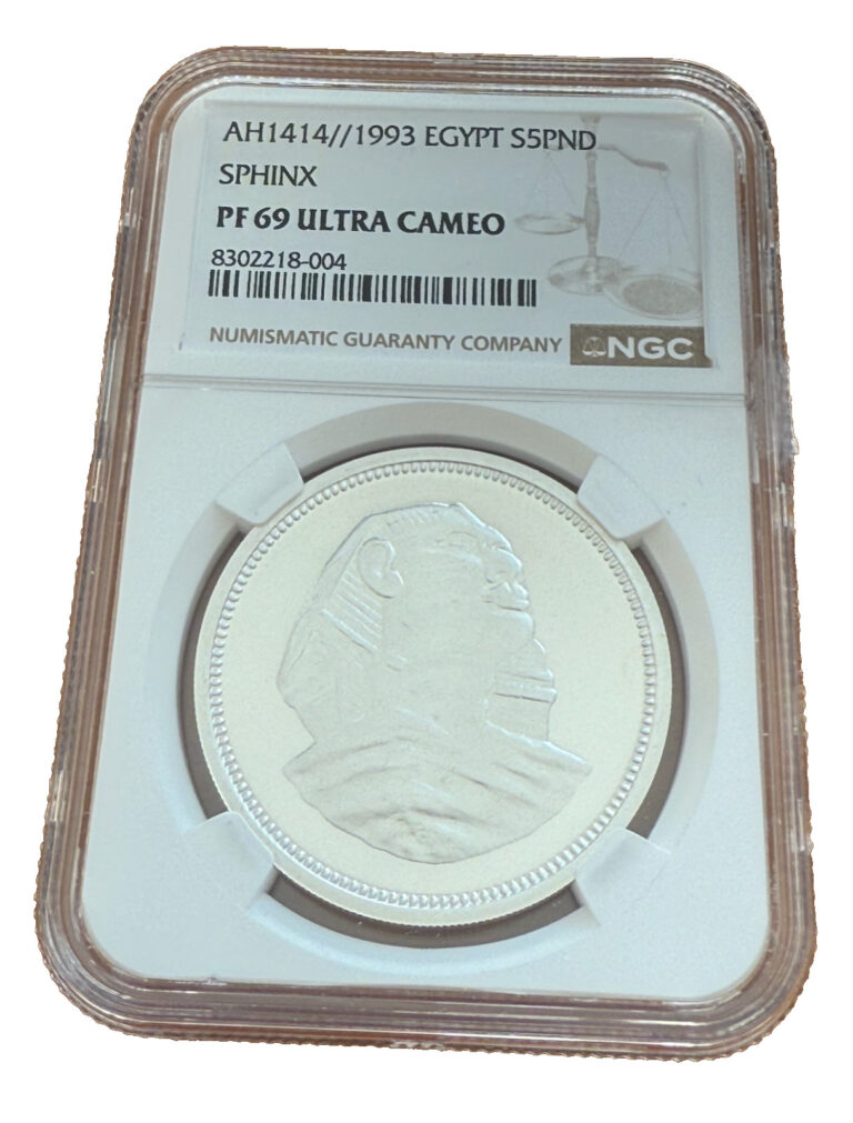 Read more about the article Egypt 1993 Silver 5 Pounds NGC PF69UC Sphinx