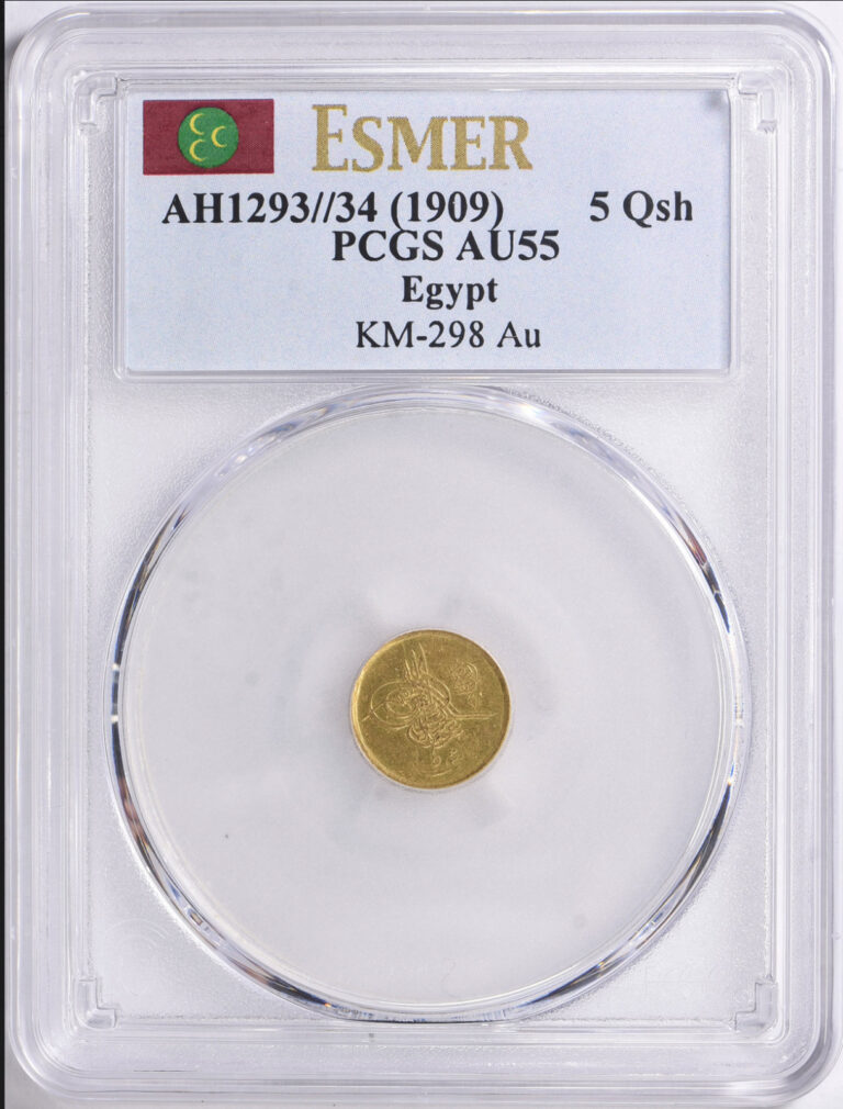 Read more about the article R! EGYPT – OTTOMAN   GOLD 5 QIRSH  1293/34 (1909) AH PCGS AU55  Low mintage