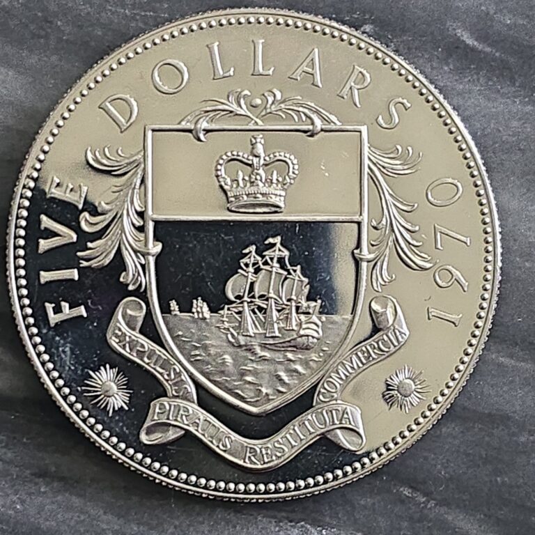 Read more about the article RARE 1970 BAHAMAS HUGE PIRATE DEFEAT MOTTO Proof Silver 5 Dollars Coin 5$ Coin