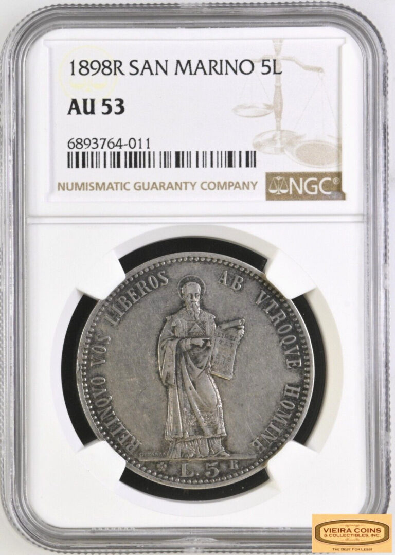 Read more about the article 1898-R San Marino Silver 5 Lire  NGC AU53  Mintage of 18 000 coins-#B36280