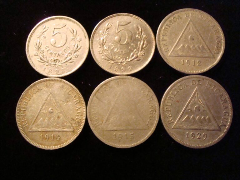Read more about the article Nicaragua 5 centavos 6 coin lot 1898  1899  1912-H  1914-H  1915-H  1929