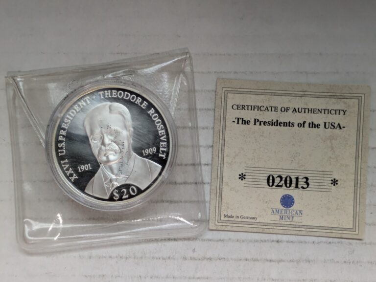 Read more about the article 2000 Liberia Twenty Dollars Proof 99.9% Silver Presidents Roosevelt $20 KM#892