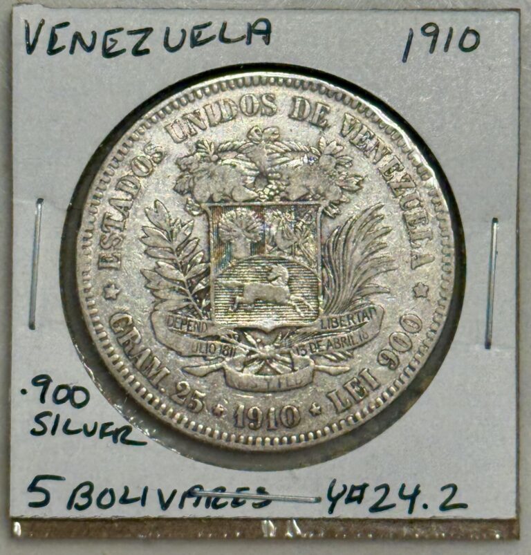 Read more about the article 1910 Venezuela 5 Bolivares Silver Coin – Y#24.2