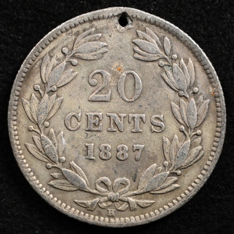 Read more about the article Nicaragua 20 Centavos 1887  Coin  Silver  Holed Damage  Coin Alignment  Inv#F102