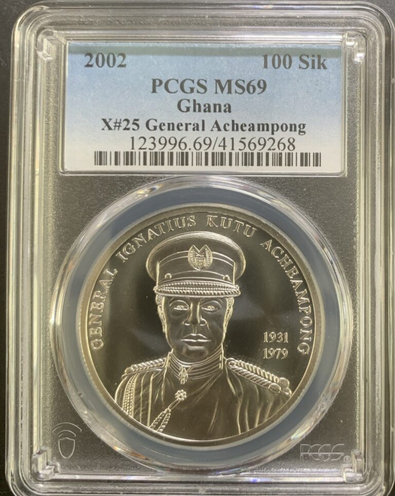 Read more about the article Ghana 2002 100 Sika /KmX25 / Gen. Acheampong / PCGS MS69 / Pop 3/0 Silver Gem!