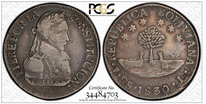 Read more about the article 1830 PTS J Bolivia 2 Soles KM 59a PCGS Gold Shield Harder To Find Mint