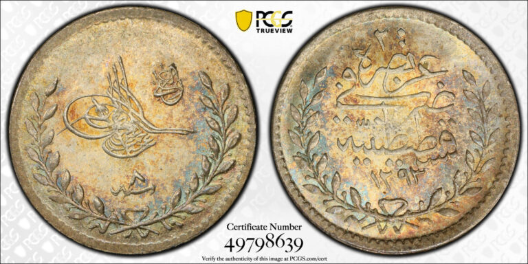 Read more about the article Scarce! Only 1 better! AH 1293 Year 8 (1883) Turkey 20 Para  PCGS MS 66! KM-717
