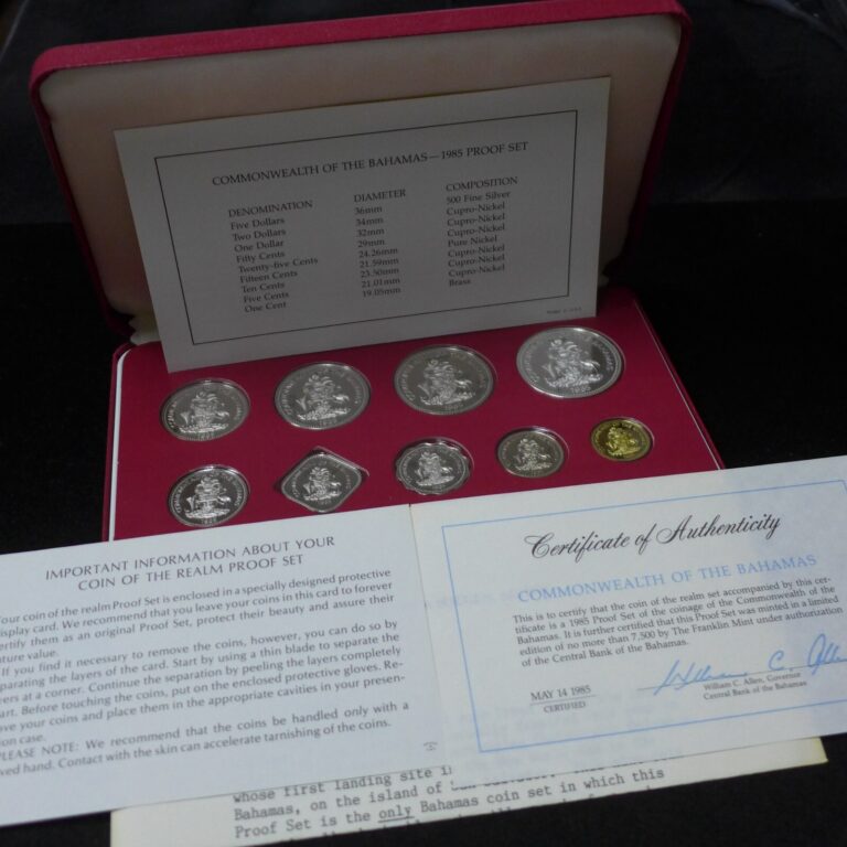 Read more about the article Rare 1985 Bahamas Franklin Mint Proof 9 Coin Set in Box w/COA and Columbus $5 Coin