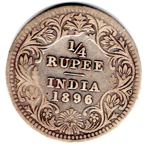 Read more about the article 1896 # 1/4 RUPEE BRITISH INDIA SILVER VICTORIA  1 FINE COIN- WT- 2.92 GRAM