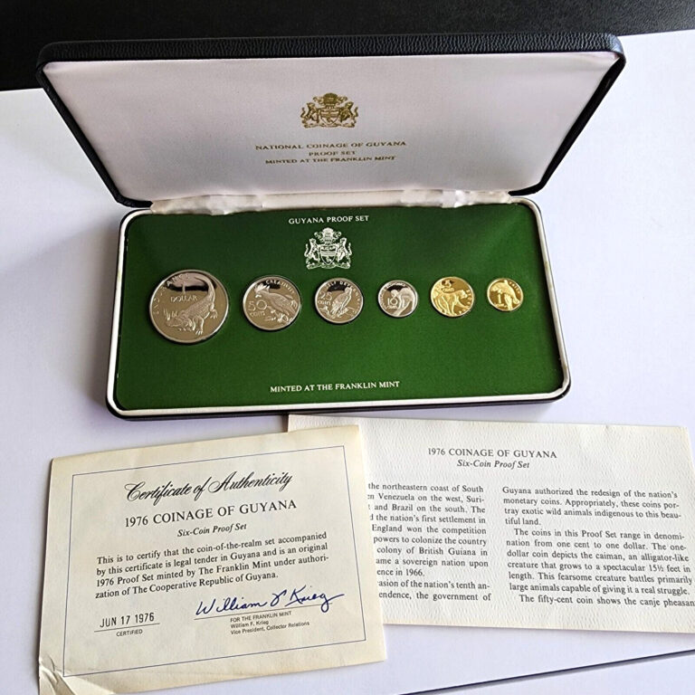 Read more about the article 1976 Coinage of Guyana |  Franklin Mint  |  6 Coin Proof Set w/ COA and Gloves