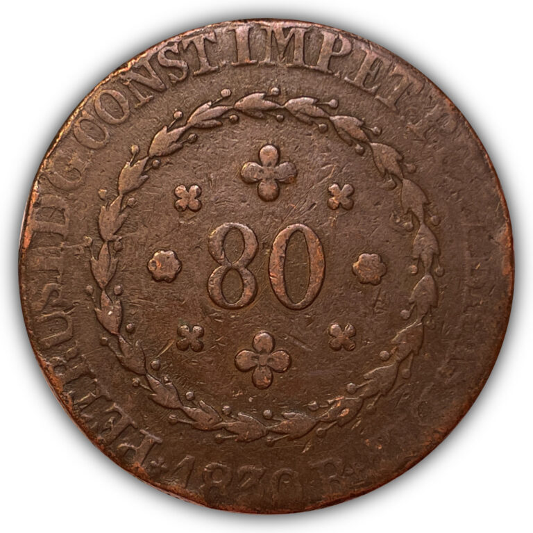 Read more about the article 1830 Brazil 80 Reis Fine F Coin #21949