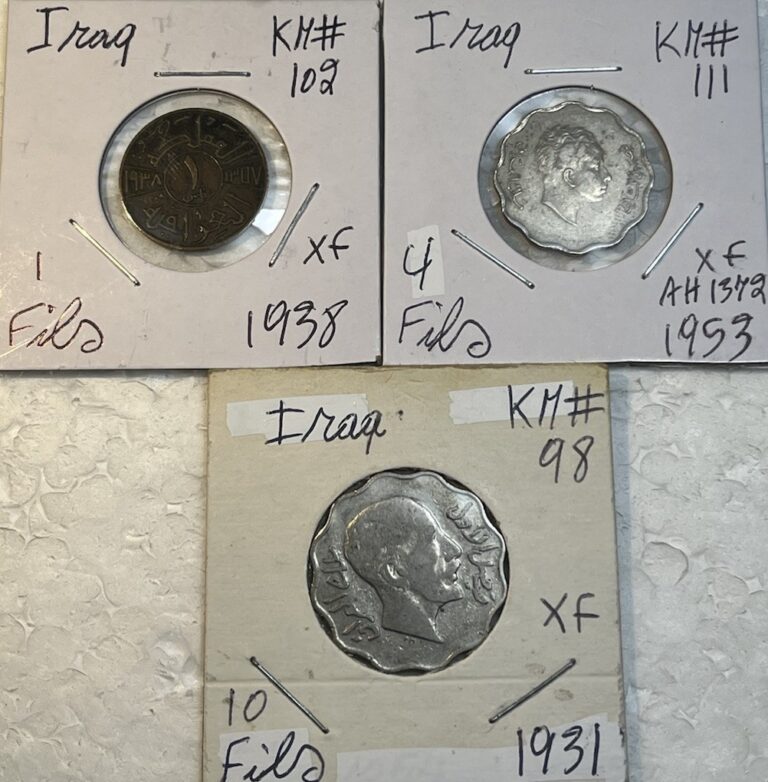 Read more about the article Iraq 1931 – 1953 One 1  4 and 10 Fils Extra Fine XF Condition 3 Coin Lot