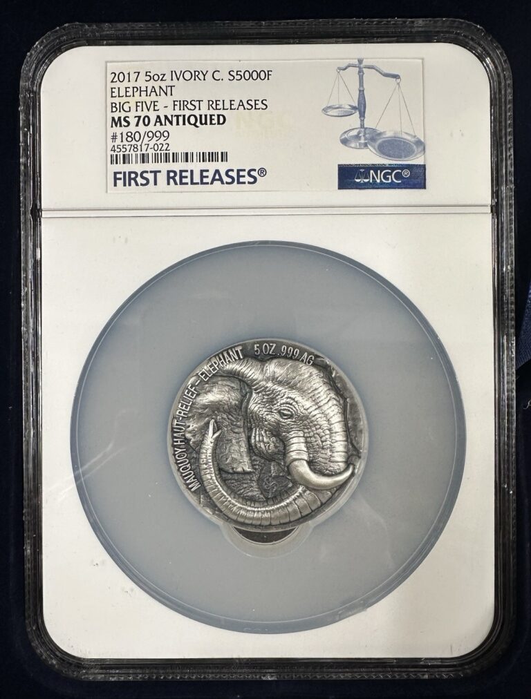 Read more about the article 2017 Ivory Coast Elephant 5oz Silver Coin NGC MS 70 Antiqued