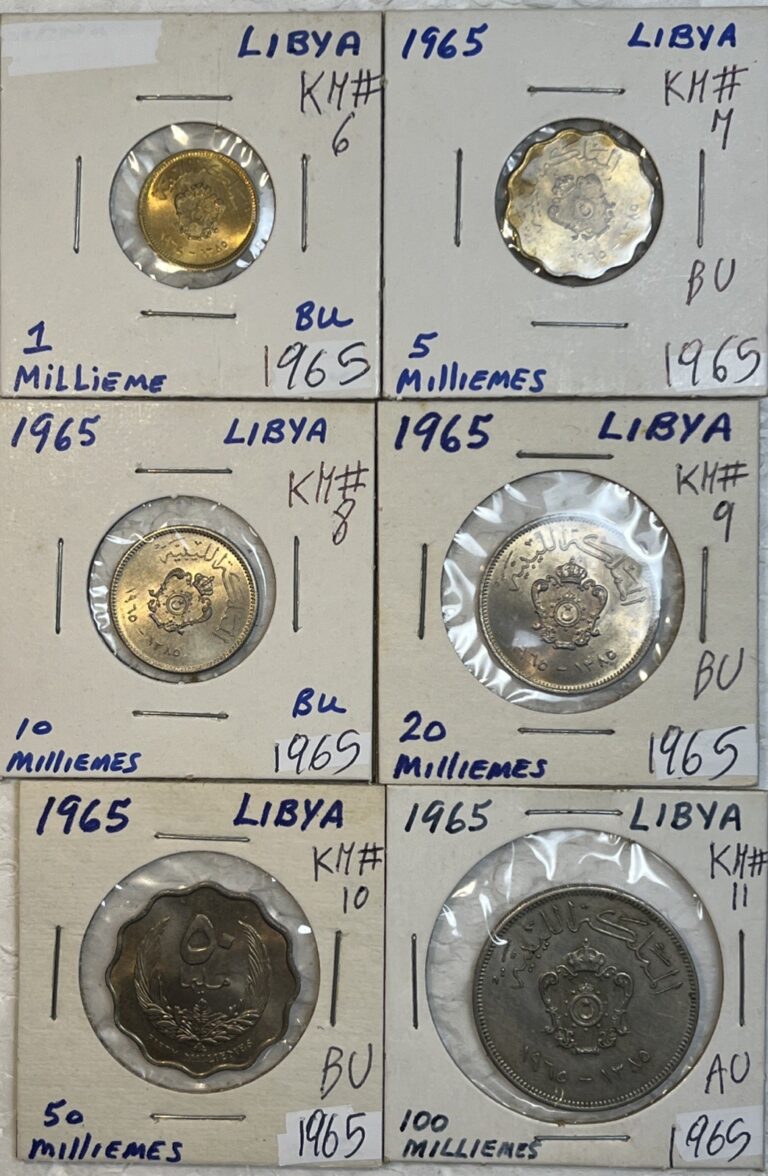 Read more about the article 1965 Libya 1  5  10  20  50 and 100 Milliemes High Grades AU – BU 6 Coin Lot