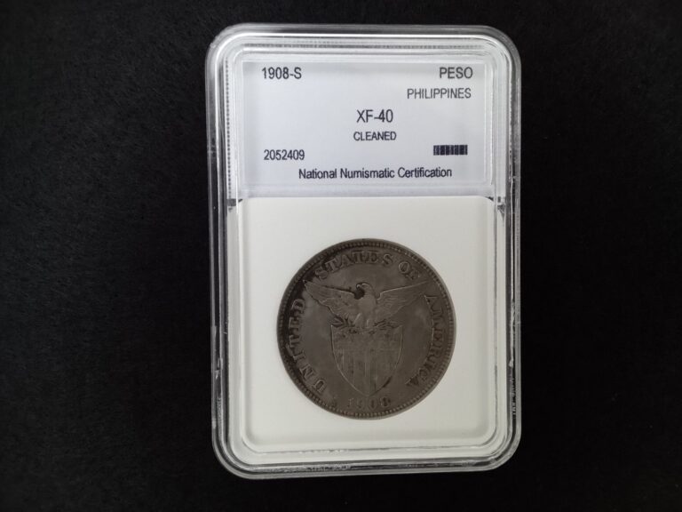 Read more about the article 1908 S Philippines One Peso Silver Coin XF Cleaned