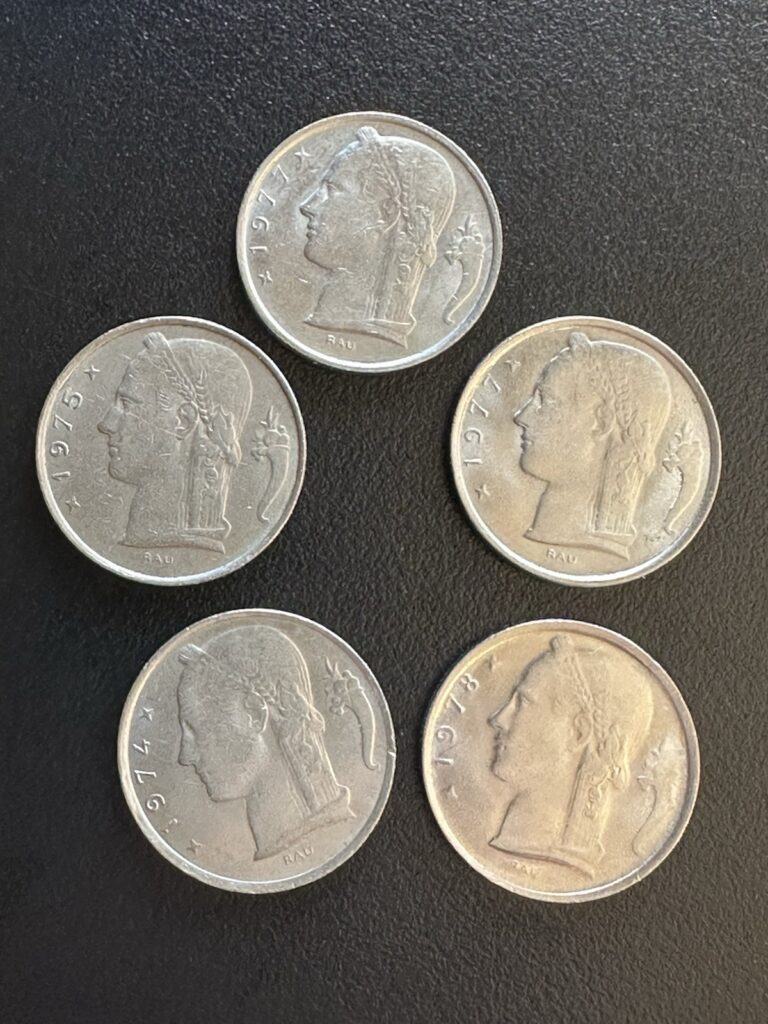 Read more about the article Lot of  Five Belgium 5 Franc Coins  Variety Of Years.  Belgique