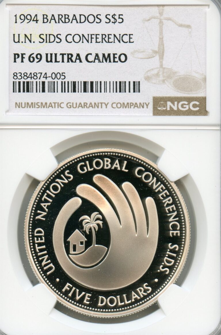 Read more about the article BARBADOS $5 DOLLARS SILVER PROOF CROWN 1994 PF-69 UCAM NGC SIDS CONFERENCE
