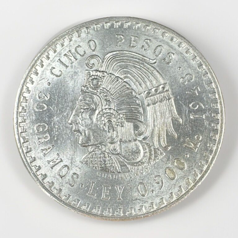 Read more about the article BU UNC MS | 1948 Mo Mexico 5 Pesos .900 Silver Cuauhtemoc 30 Gramos Cinco Pesos